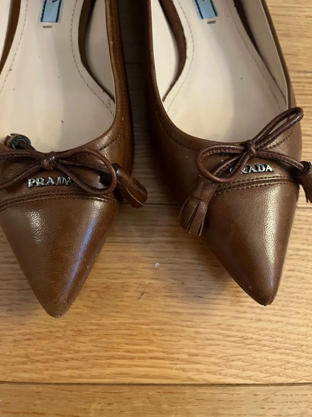 Prada Brown Pointed Toe Leather Ballet Flats with Bow - Picture 2 of 10